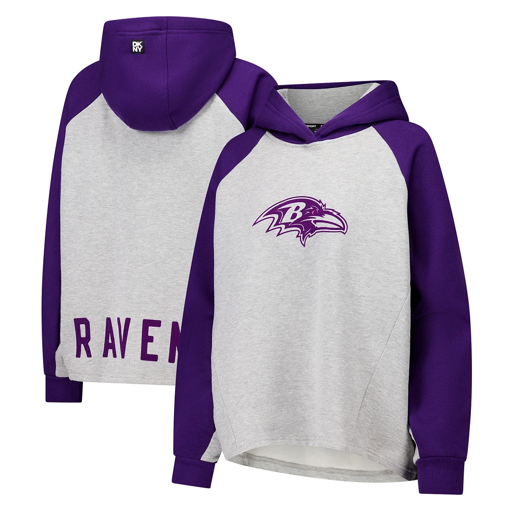 Women's DKNY Sport Gray/Purple Baltimore Ravens Joy Cropped Raglan Pullover Hoodie