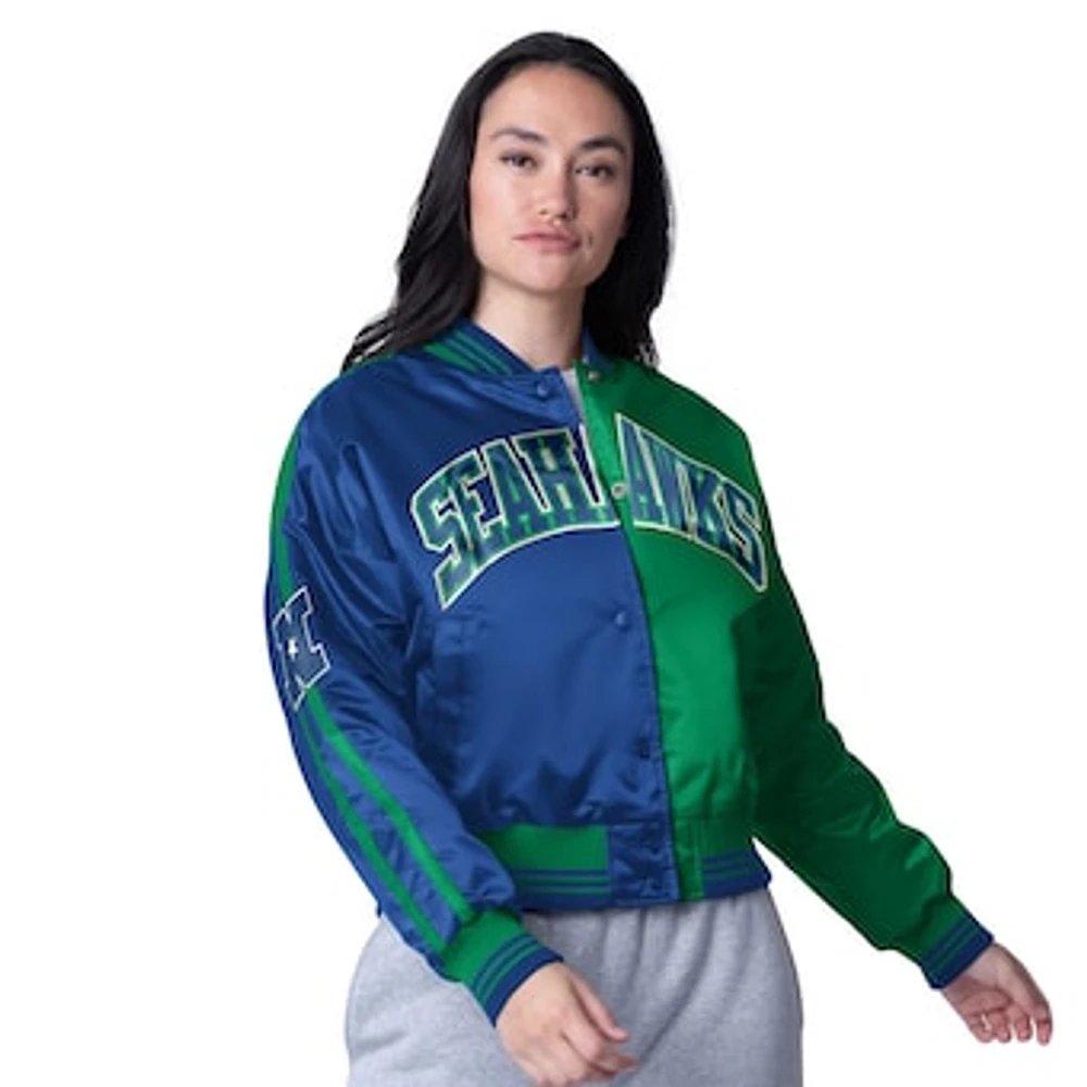 Women's Starter  College Navy/Neon Green Seattle Seahawks Zone Blitz Cropped Full-Snap Satin Jacket