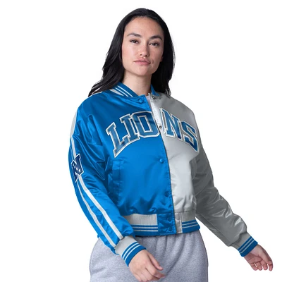 Women's Starter  Blue/Silver Detroit Lions Zone Blitz Cropped Full-Snap Satin Jacket