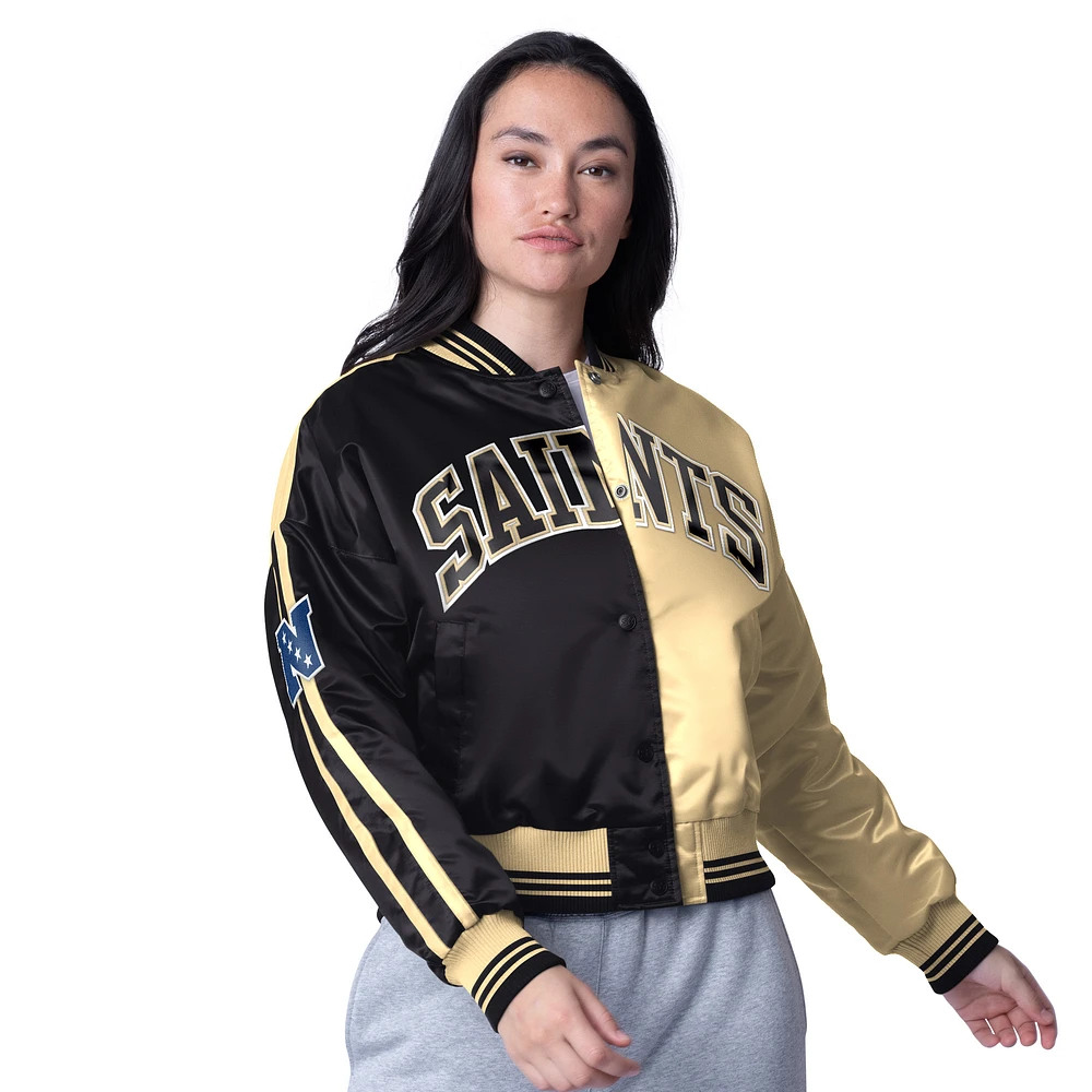 Women's Starter  Black/Gold New Orleans Saints Zone Blitz Cropped Full-Snap Satin Jacket