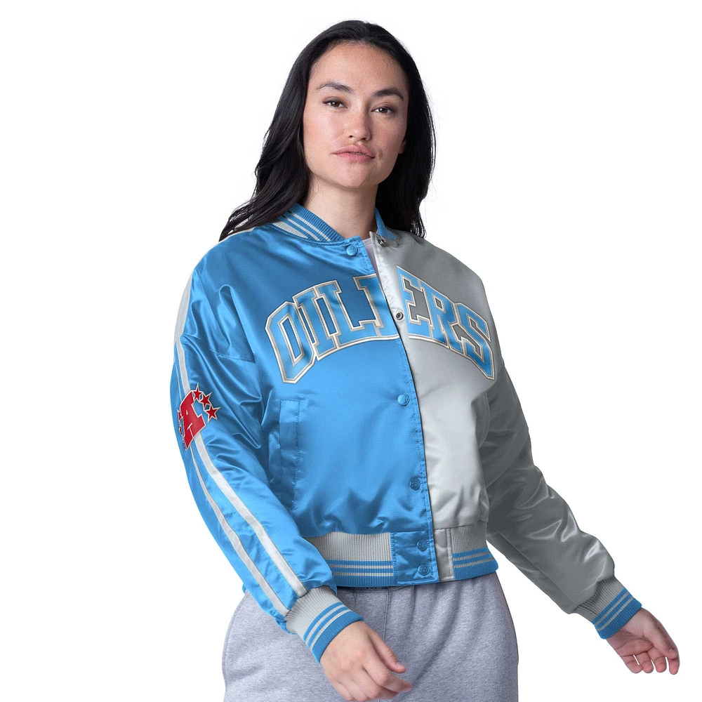 Women's Starter  Light Blue/Silver Houston Oilers Gridiron Classics Zone Blitz Cropped Full-Snap Satin Jacket