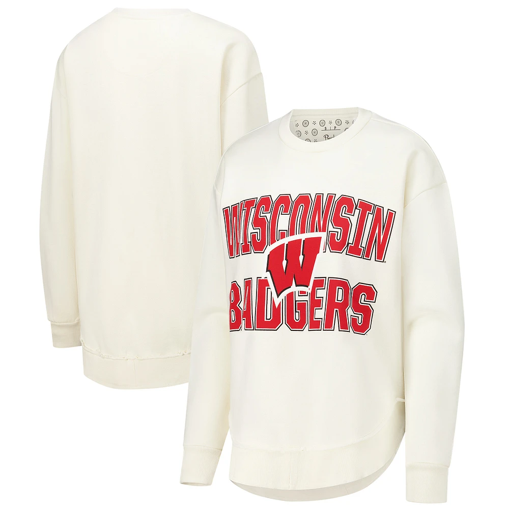 Women's Pressbox  Cream Wisconsin Badgers Poncho Fleece Crew Sweatshirt