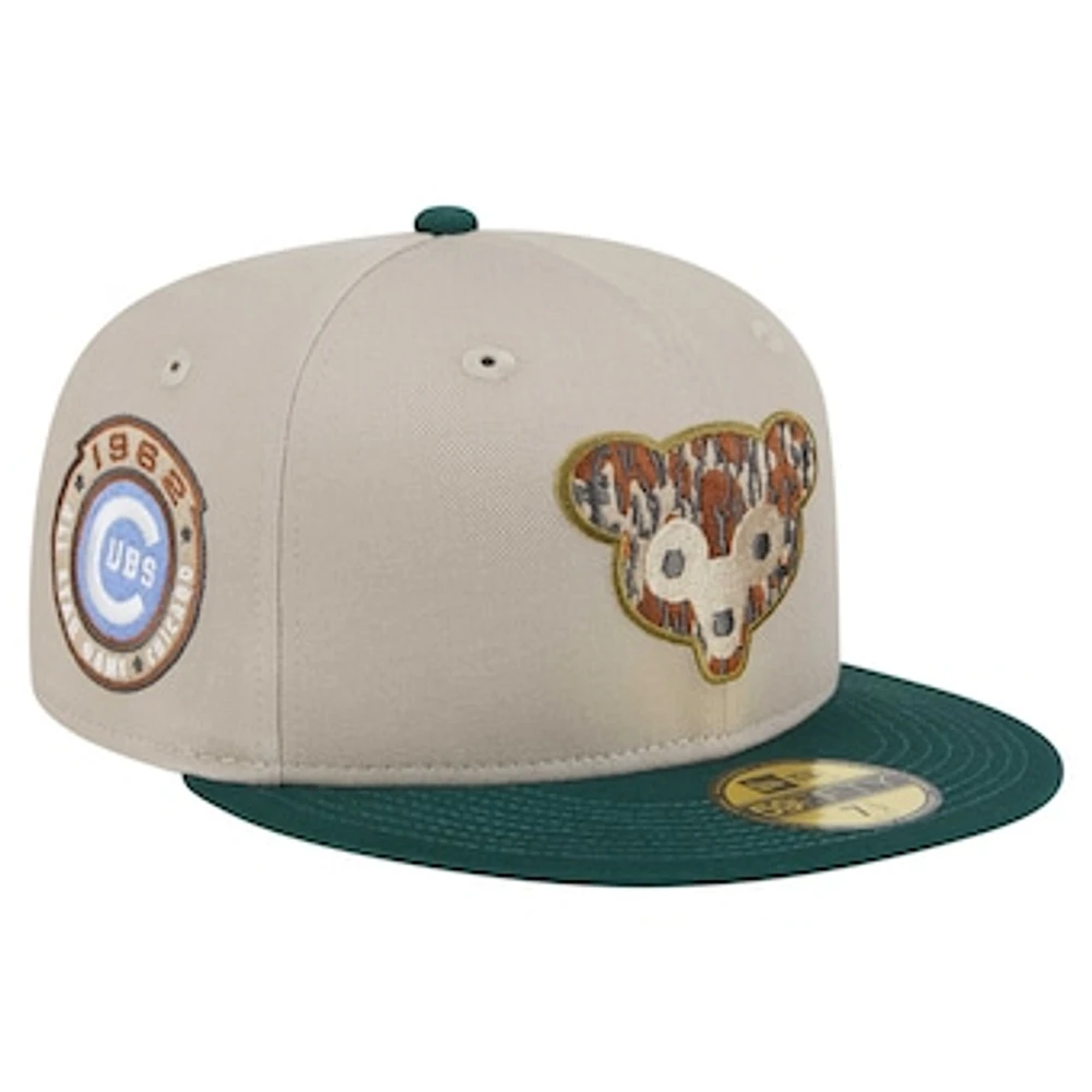 Men's New Era Natural/Hunter Green Chicago Cubs  Lifestyle Tree Bark Fill 59FIFTY Fitted Hat