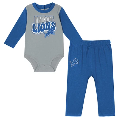 Infant Silver/Blue Detroit Lions Double Up Long Sleeve Bodysuit Pant Set