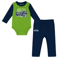 Infant Neon Green/College Navy Seattle Seahawks Double Up Long Sleeve Bodysuit Pant Set