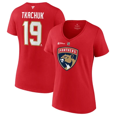 Women's Fanatics Matthew Tkachuk Red Florida Panthers 2024 Stanley Cup Champions Authentic Stack Name & Number V-Neck T-Shirt