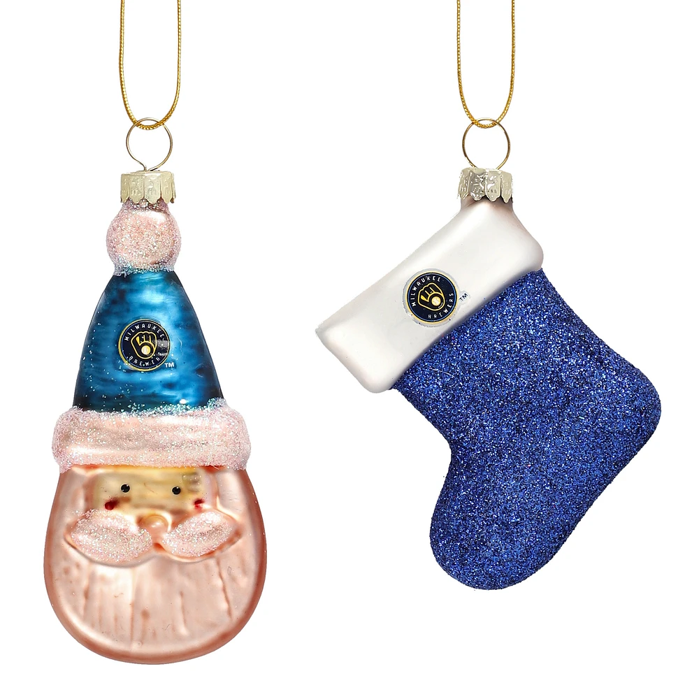 Milwaukee Brewers Two-Pack Santa & Stocking Blown Glass Ornament Set