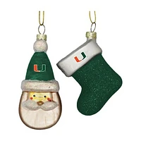 Miami Hurricanes Two-Pack Santa & Stocking Blown Glass Ornament Set