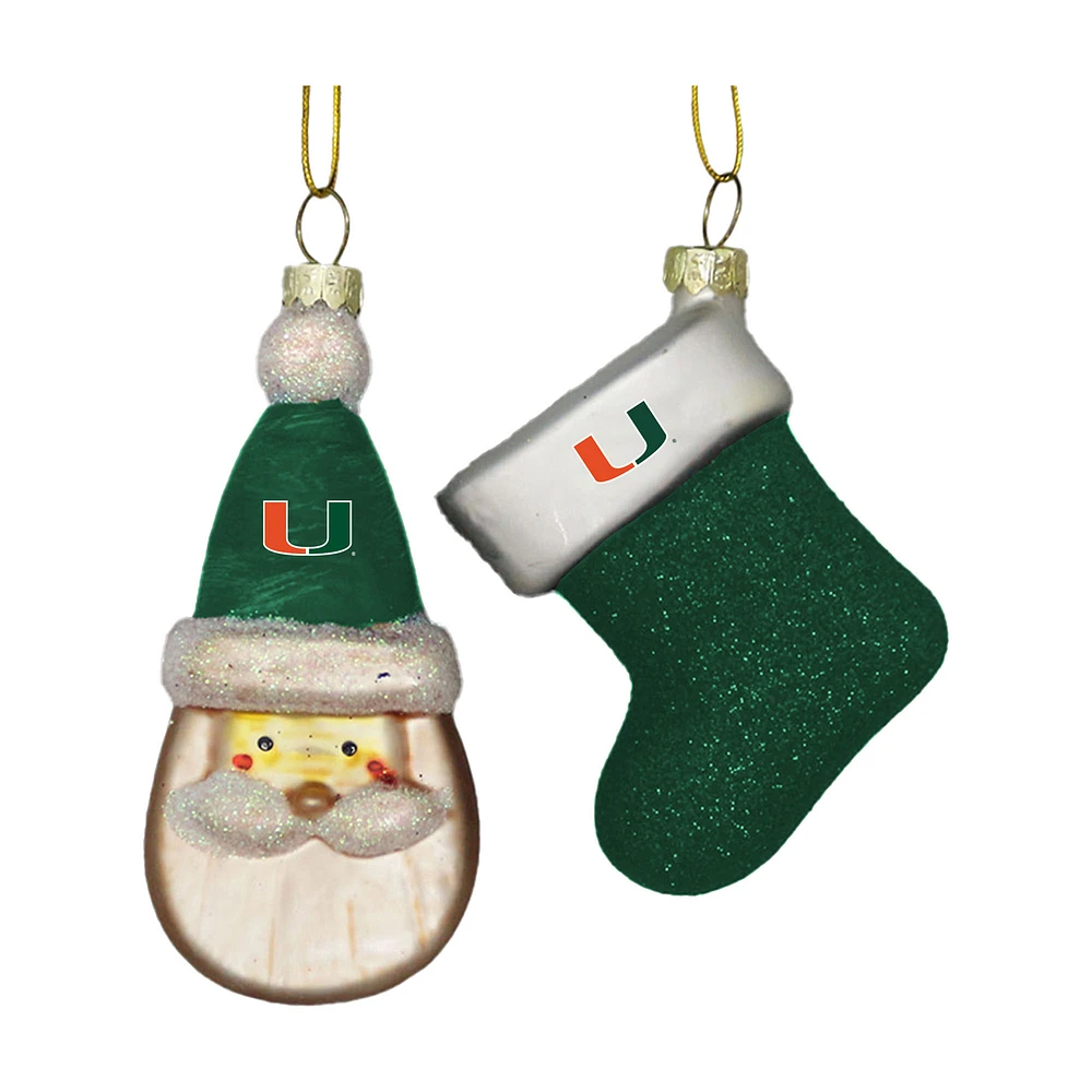 Miami Hurricanes Two-Pack Santa & Stocking Blown Glass Ornament Set