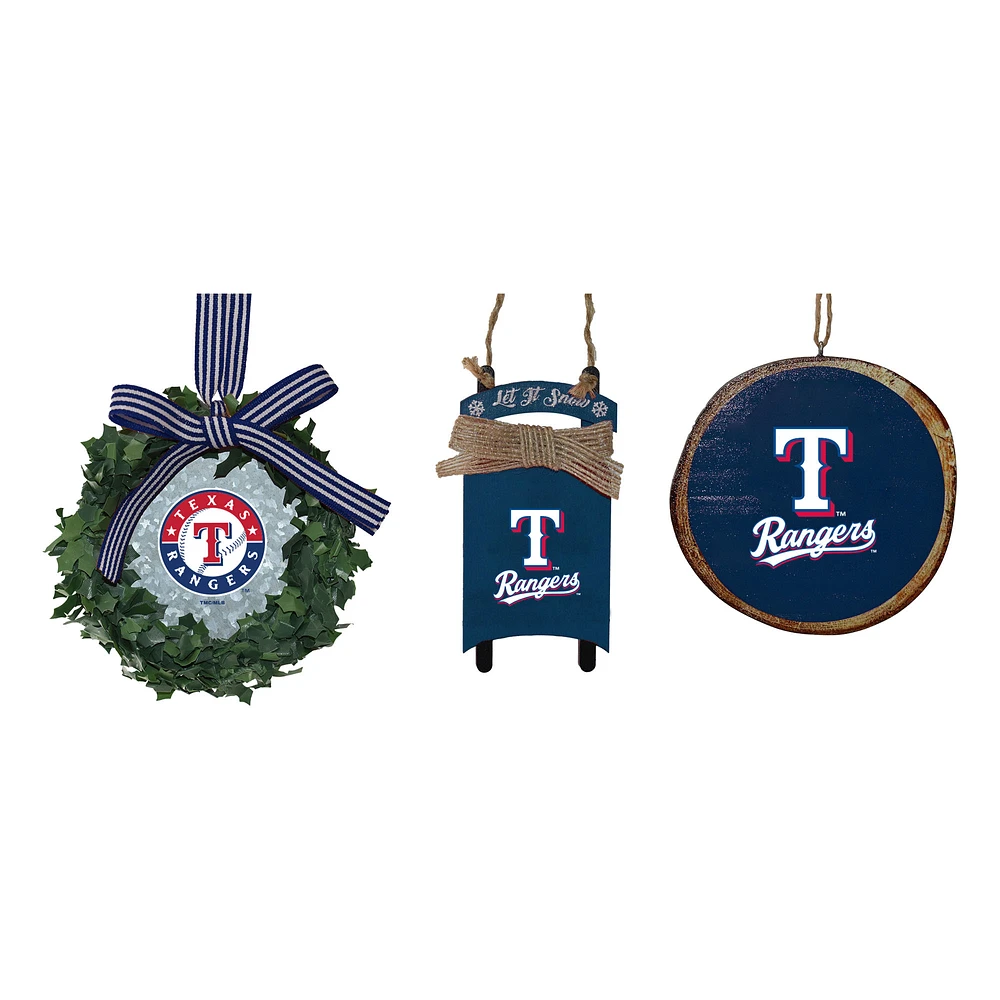 The Memory Company Texas Rangers Three-Pack Wreath, Sled & Circle Ornament Set