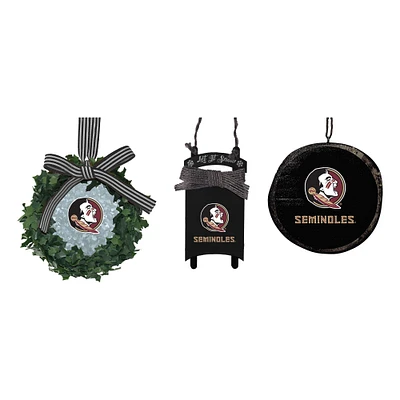 The Memory Company Florida State Seminoles Three-Pack Wreath, Sled & Circle Ornament Set