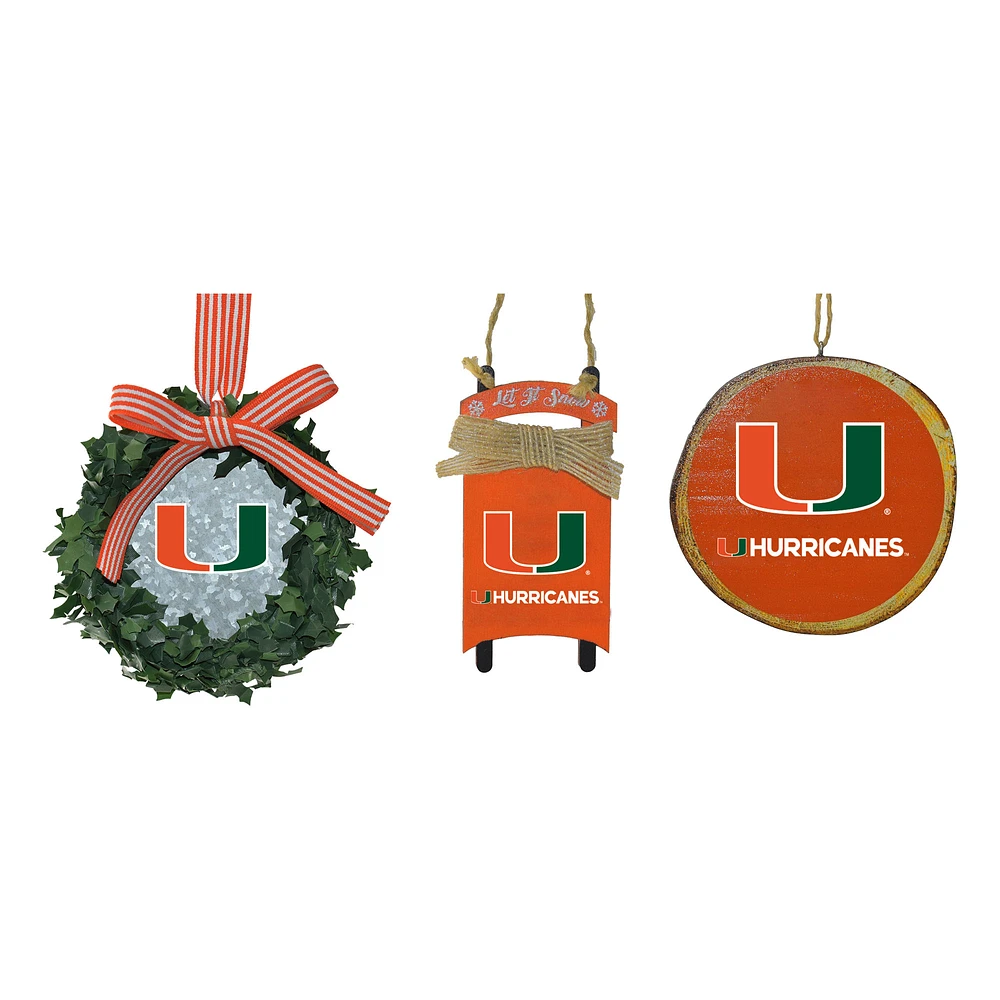 The Memory Company Miami Hurricanes Three-Pack Wreath, Sled & Circle Ornament Set