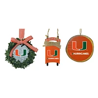 The Memory Company Miami Hurricanes Three-Pack Wreath, Sled & Circle Ornament Set