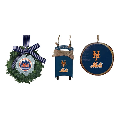 The Memory Company New York Mets Three-Pack Wreath, Sled & Circle Ornament Set