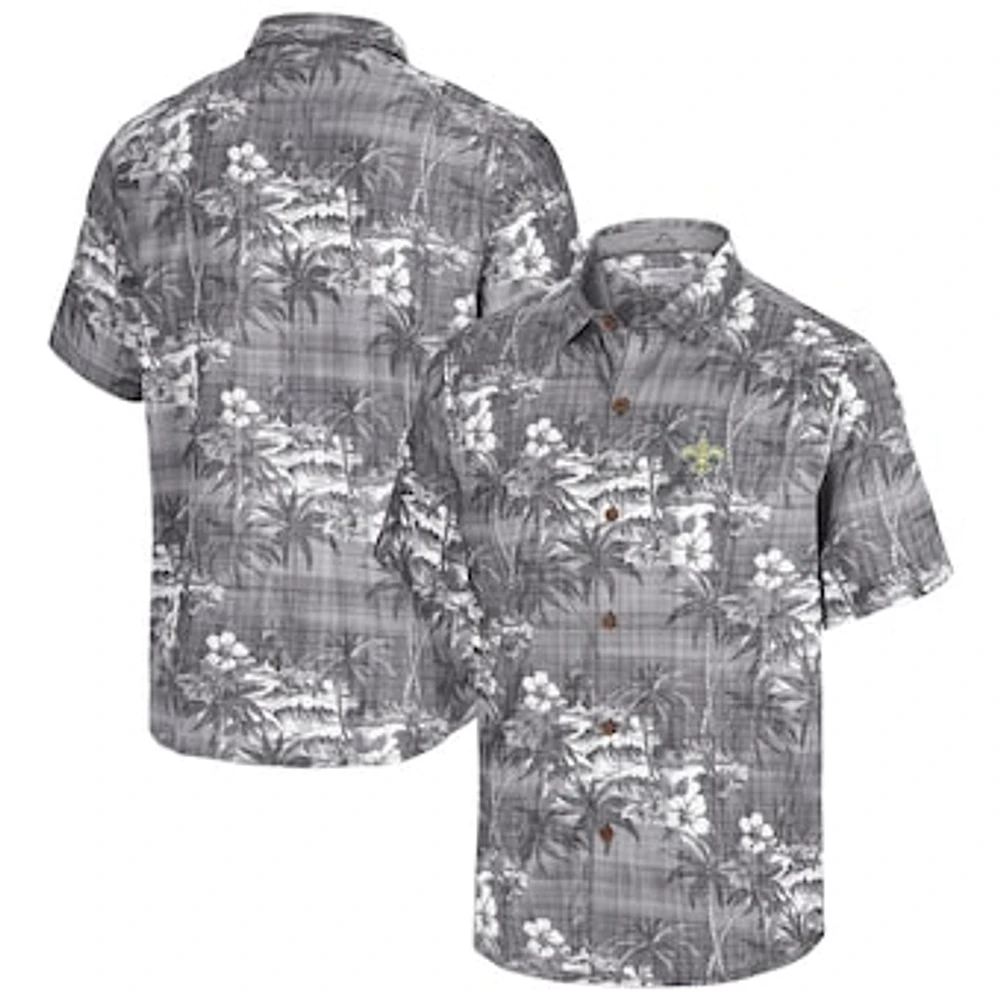 Men's Tommy Bahama Black New Orleans Saints Coconut Point Isla Palmetta Camp Button-Up Shirt