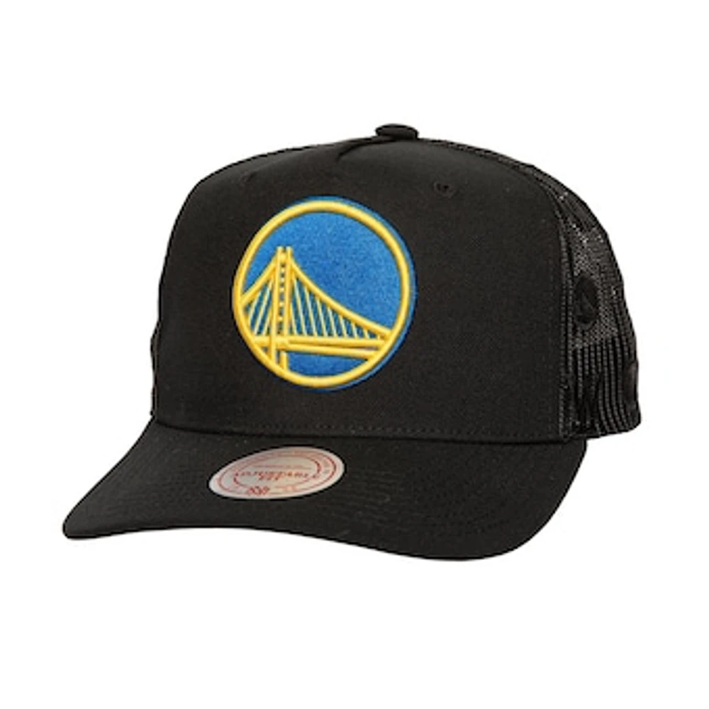 Men's Mitchell & Ness Black Golden State Warriors Monogram Allover Logo Mesh Trucker Adjustable Hat