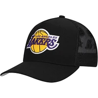 Men's Mitchell & Ness Black Los Angeles Lakers Monogram Allover Logo Mesh Trucker Adjustable Hat