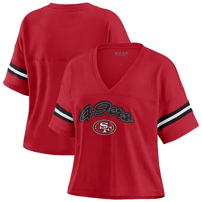 Women's WEAR by Erin Andrews Scarlet San Francisco 49ers Color Block Boxy V-Neck T-Shirt