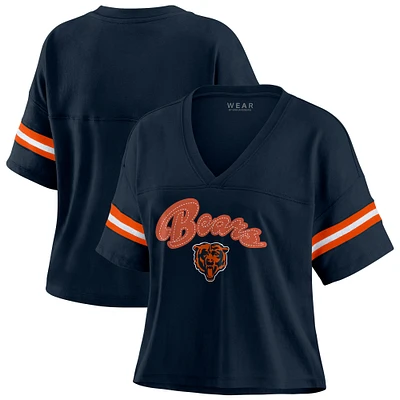 Women's WEAR by Erin Andrews Navy Chicago Bears Color Block Boxy V-Neck T-Shirt