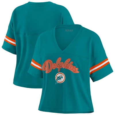 Women's WEAR by Erin Andrews Aqua Miami Dolphins Plus Color Block Boxy V-Neck T-Shirt