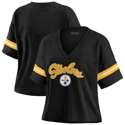 Women's WEAR by Erin Andrews Black Pittsburgh Steelers Plus Color Block Boxy V-Neck T-Shirt