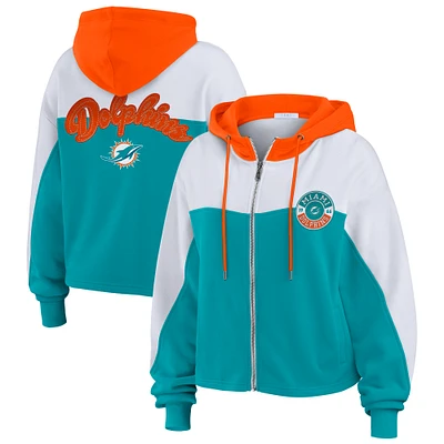 Women's WEAR by Erin Andrews Aqua/White Miami Dolphins Color Block Full-Zip Hoodie