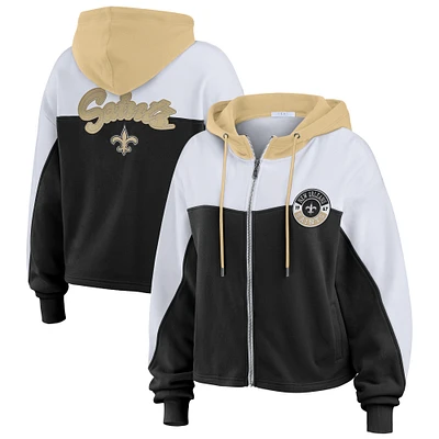 Women's WEAR by Erin Andrews Black/White New Orleans Saints Color Block Full-Zip Hoodie