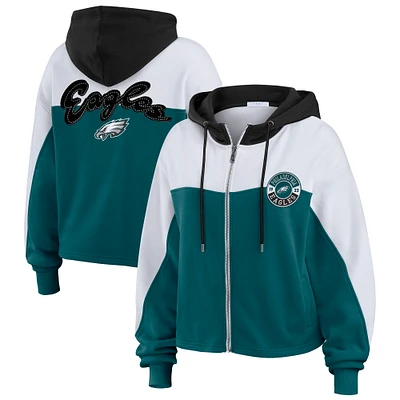 Women's WEAR by Erin Andrews Midnight Green/White Philadelphia Eagles Color Block Full-Zip Hoodie