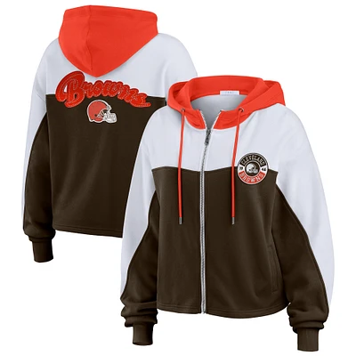 Women's WEAR by Erin Andrews Brown/White Cleveland Browns Color Block Full-Zip Hoodie