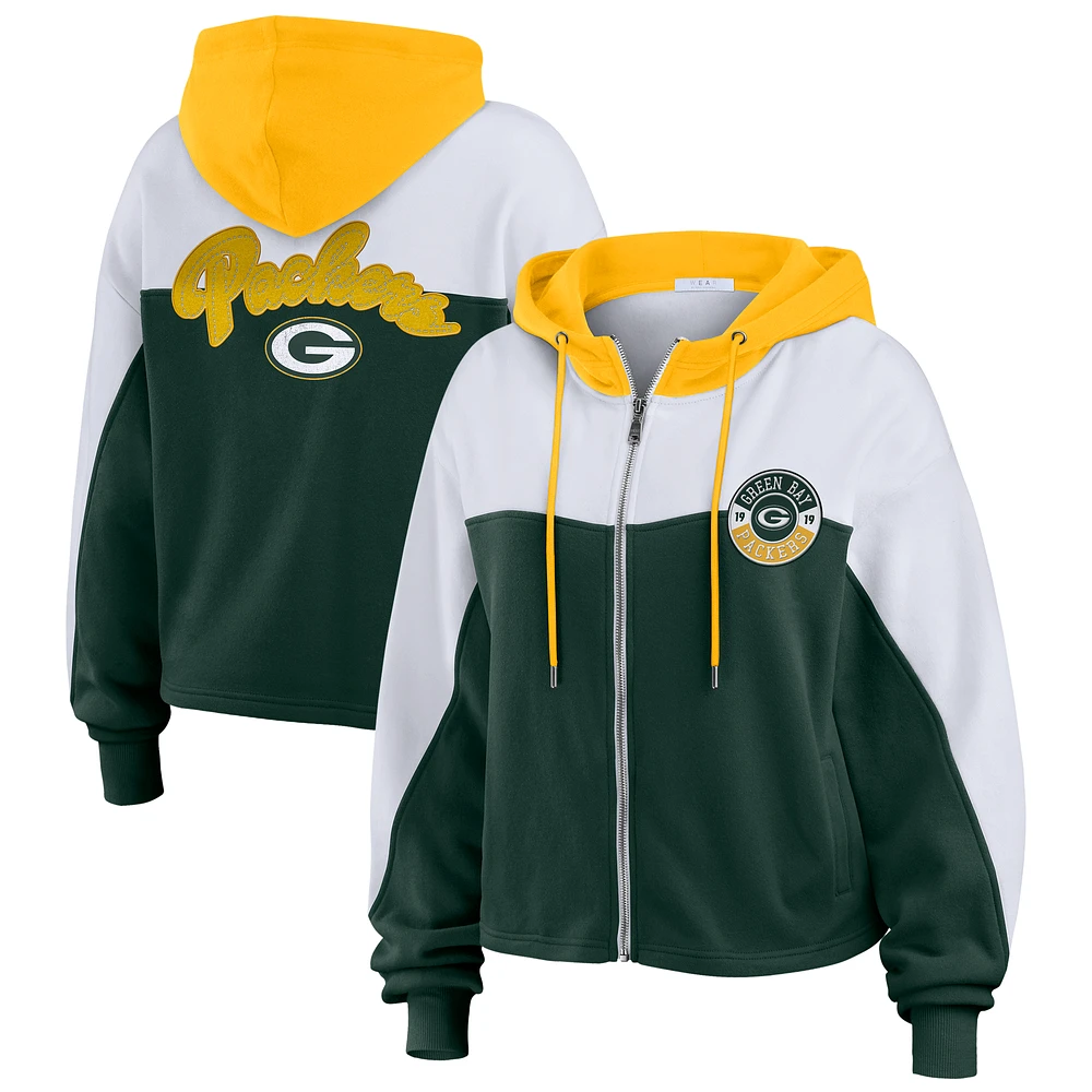 Women's WEAR by Erin Andrews Green/White Green Bay Packers Color Block Full-Zip Hoodie