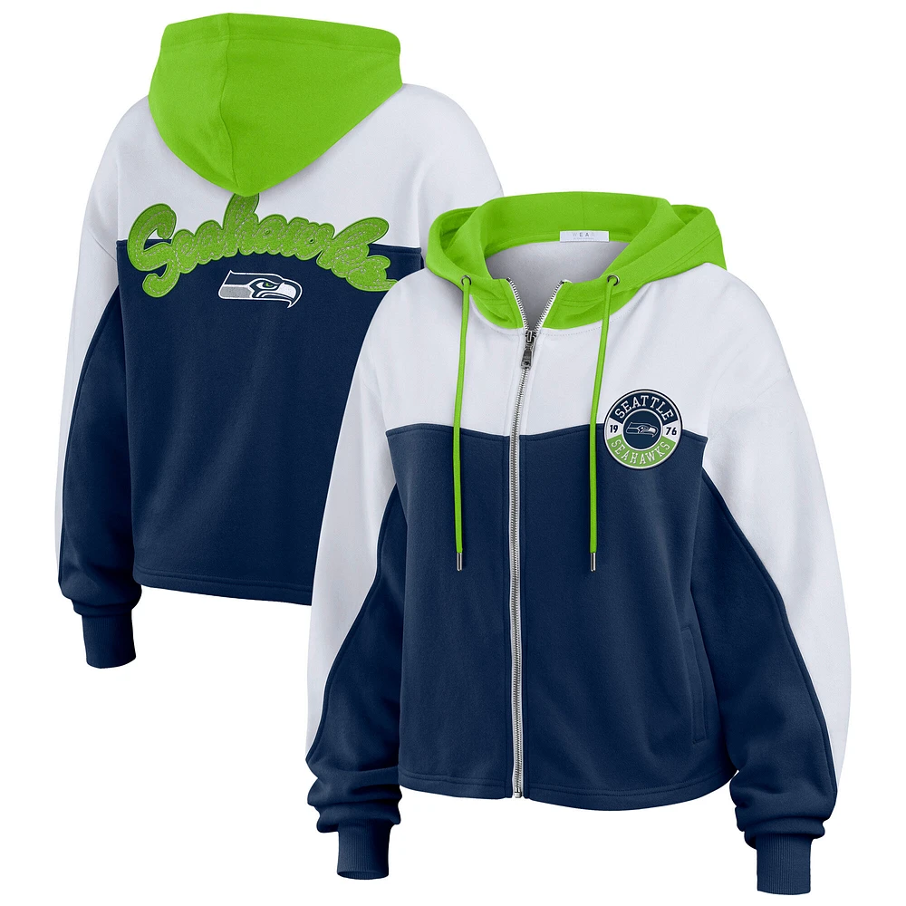 Women's WEAR by Erin Andrews College Navy Seattle Seahawks Plus Color Block Full-Zip Hoodie