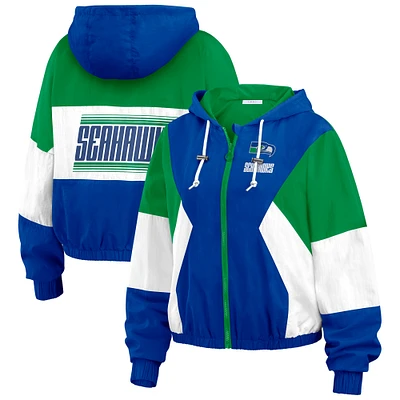 Women's WEAR by Erin Andrews Royal/Green Seattle Seahawks Color Block Full-Zip Windbreaker Jacket