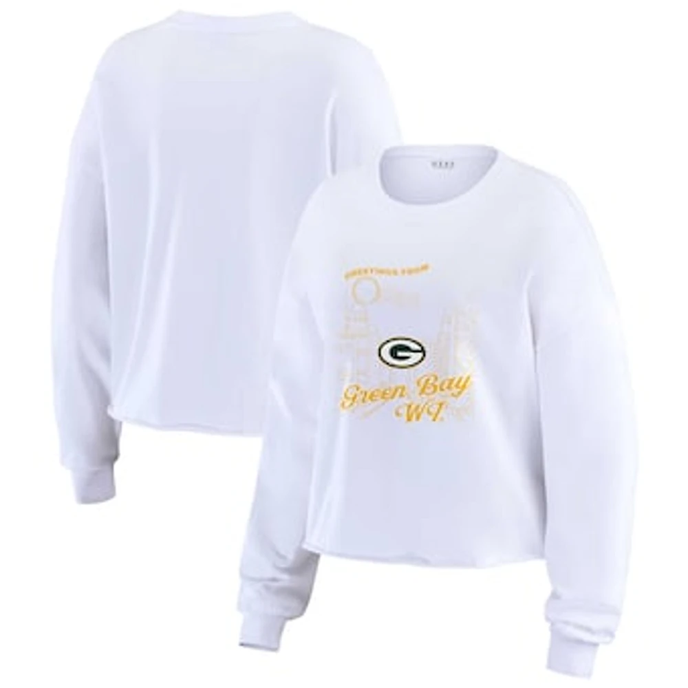 Women's WEAR by Erin Andrews White Green Bay Packers Postcard Cropped Long Sleeve Top