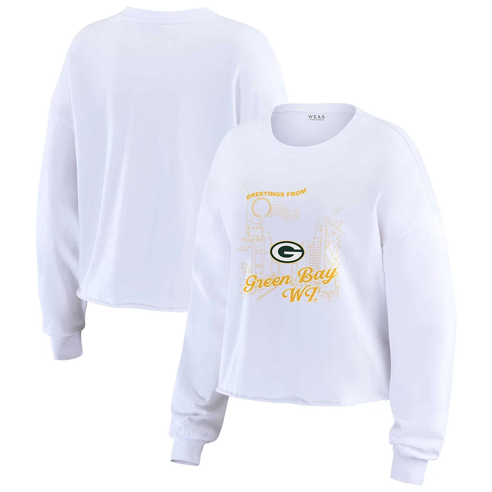 Women's WEAR by Erin Andrews White Green Bay Packers Postcard Cropped Long Sleeve Top