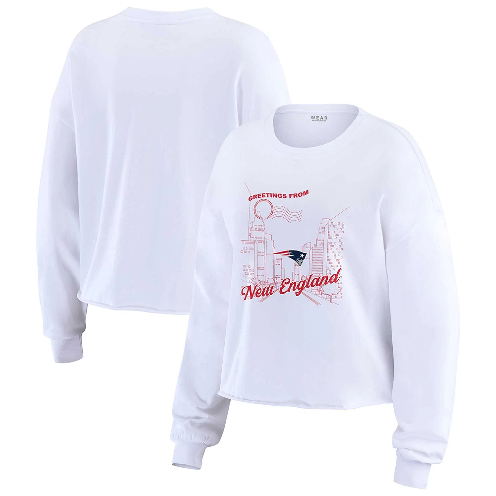 Women's WEAR by Erin Andrews White New England Patriots Postcard Cropped Long Sleeve Top