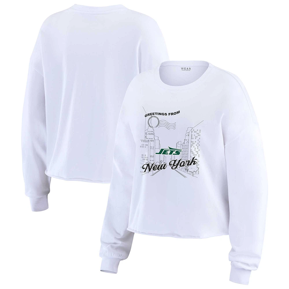 Women's WEAR by Erin Andrews White New York Jets Postcard Cropped Long Sleeve Top