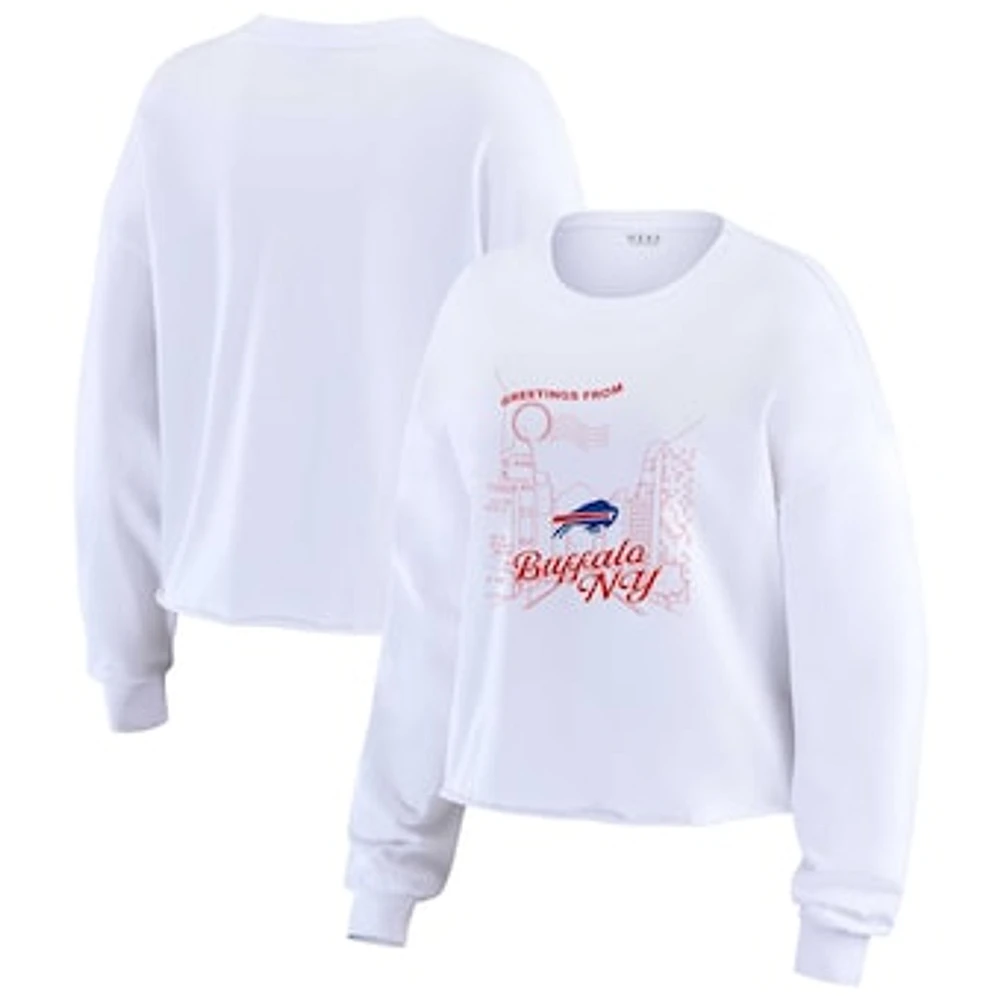 Women's WEAR by Erin Andrews White Buffalo Bills Postcard Cropped Long Sleeve Top