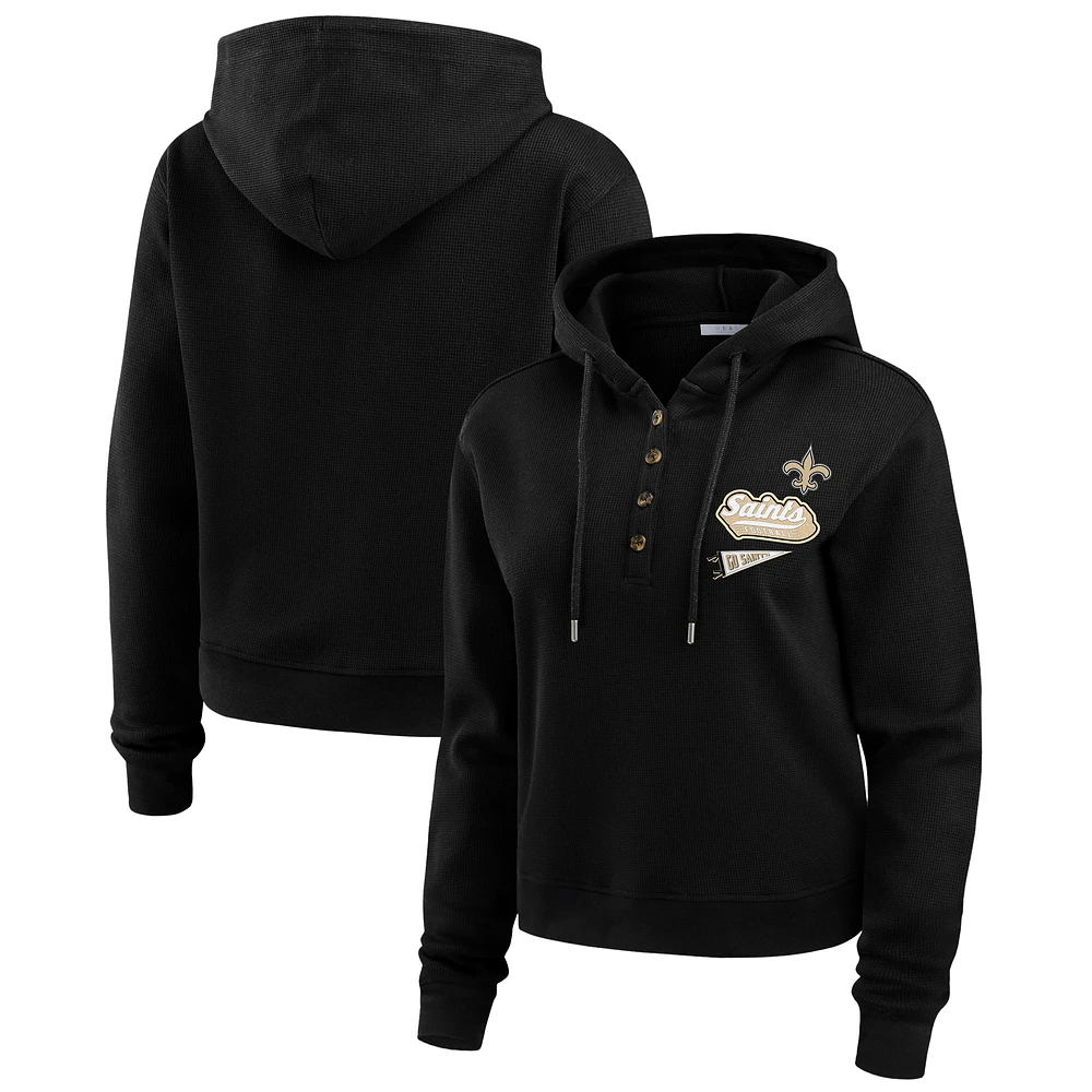 Women's WEAR by Erin Andrews Black New Orleans Saints Waffle-Knit Pullover Hoodie