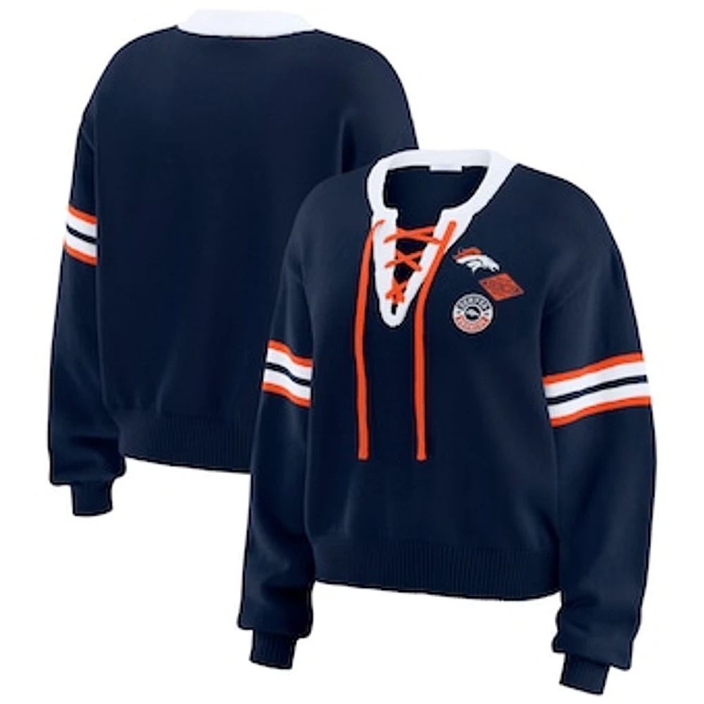 Women's WEAR by Erin Andrews Navy  Denver Broncos Lace-Up Sweater