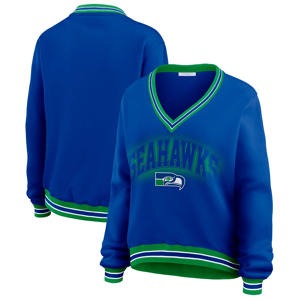 Women's WEAR by Erin Andrews Royal Seattle Seahawks Oversized Pullover V-Neck Sweatshirt