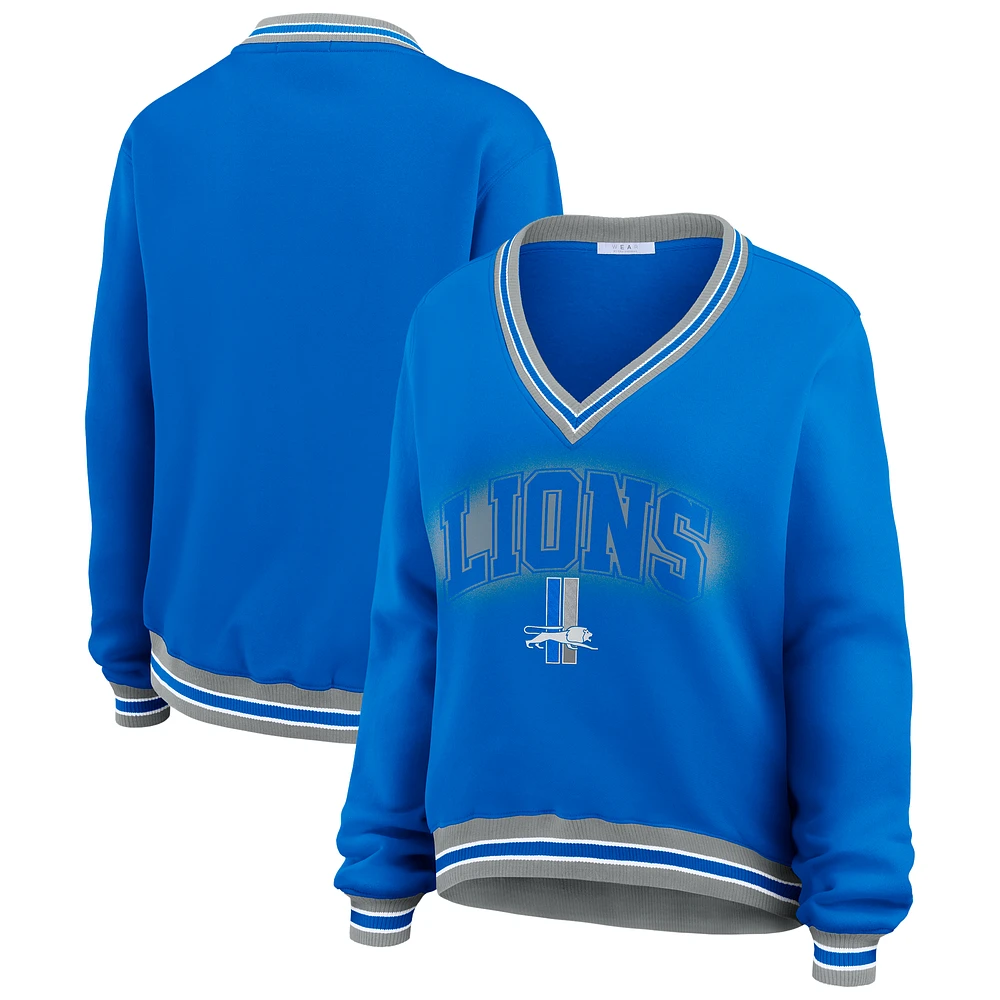 Women's WEAR by Erin Andrews Blue Detroit Lions Oversized Long Sleeve V-Neck Sweatshirt