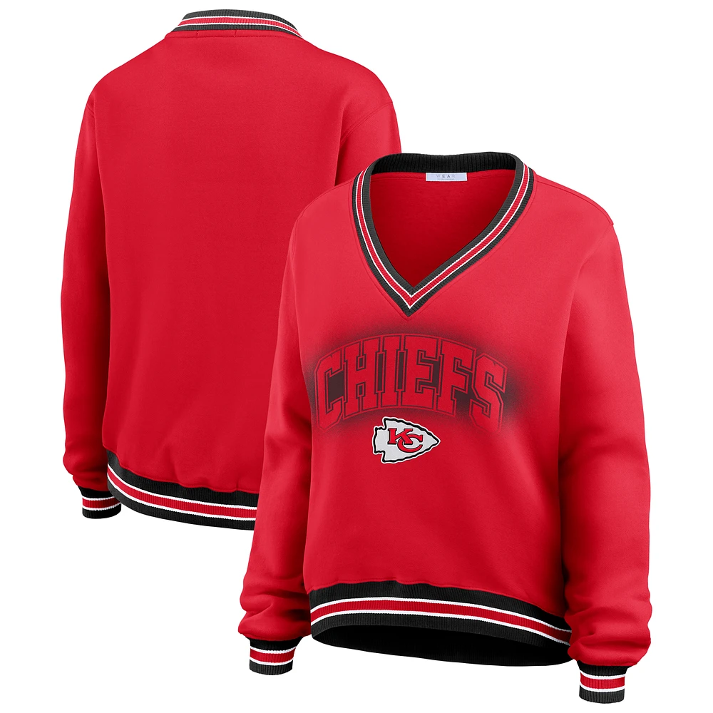 Women's WEAR by Erin Andrews Red Kansas City Chiefs Oversized Long Sleeve V-Neck Sweatshirt