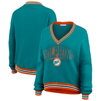 Women's WEAR by Erin Andrews Aqua Miami Dolphins Oversized Long Sleeve V-Neck Sweatshirt