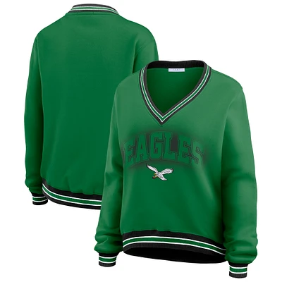 Women's WEAR by Erin Andrews Kelly Green Philadelphia Eagles Oversized Long Sleeve V-Neck Sweatshirt