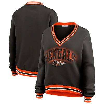 Women's WEAR by Erin Andrews Black Cincinnati Bengals Oversized Long Sleeve V-Neck Sweatshirt