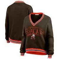 Women's WEAR by Erin Andrews Brown Cleveland Browns Oversized Long Sleeve V-Neck Sweatshirt