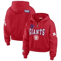 Women's WEAR by Erin Andrews Red New York Giants Patch Quarter-Zip Pullover Hoodie