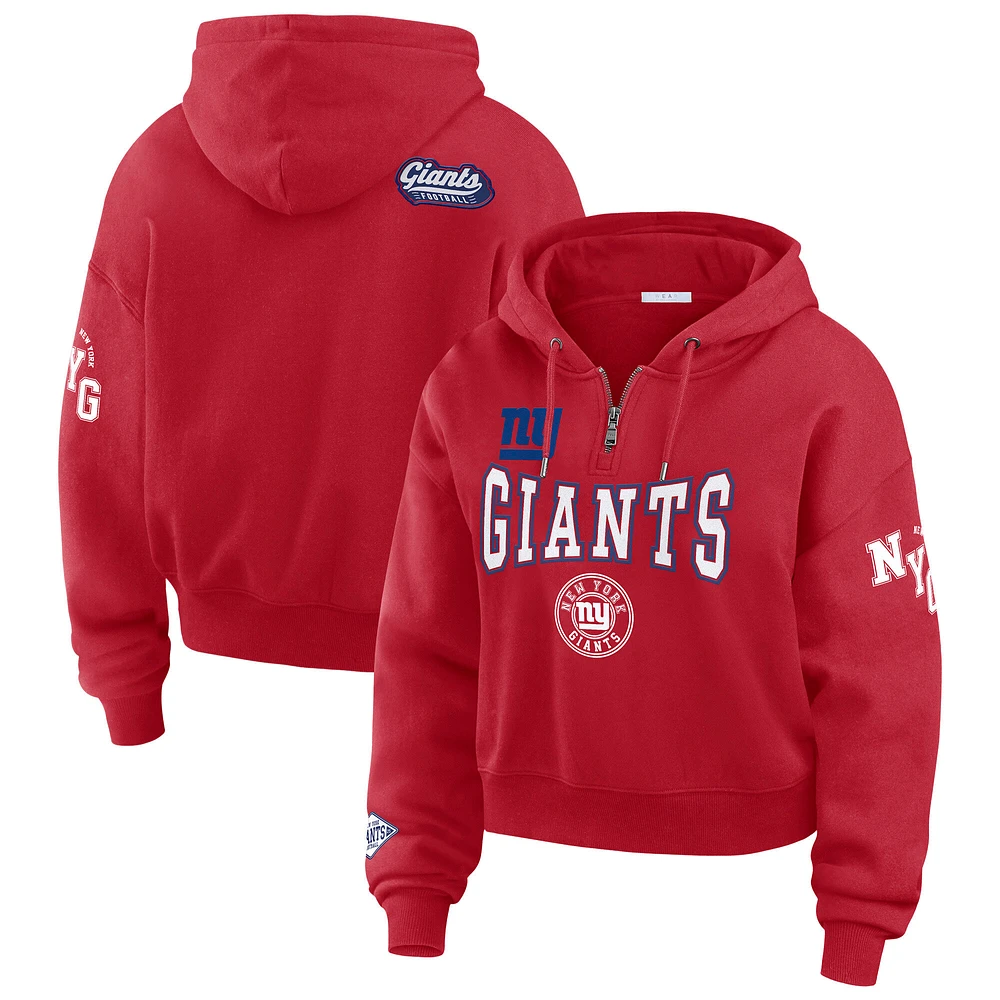 Women's WEAR by Erin Andrews Red New York Giants Patch Quarter-Zip Pullover Hoodie