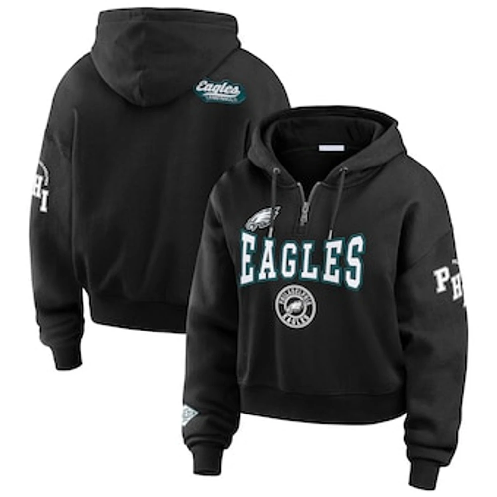 Women's WEAR by Erin Andrews Black Philadelphia Eagles Patch Quarter-Zip Pullover Hoodie