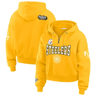 Women's WEAR by Erin Andrews Gold Pittsburgh Steelers Patch Quarter-Zip Pullover Hoodie